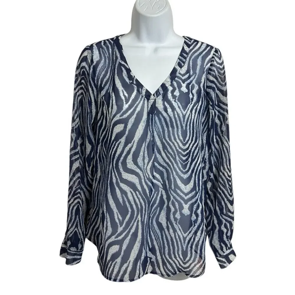 ecru Blue Animal Print Blouse Sz M Loose V-Neck Long Sleeve Top Semi Sheer